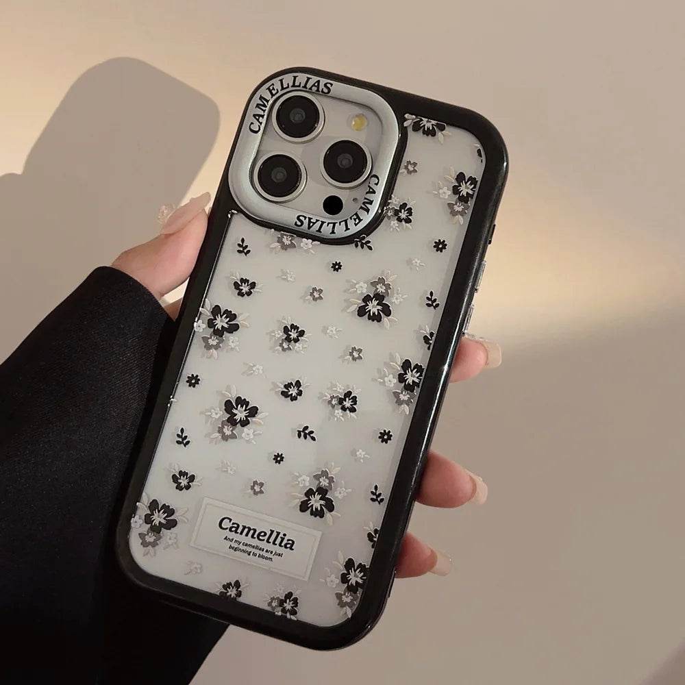 Cute Phone Cases For iPhone 16, 15, 14, 13, 12, 11 Pro Max, Xr, 15, 16 Plus - Black Camellia Flowers - Transparent Cover - IC3040 - Touchy Style