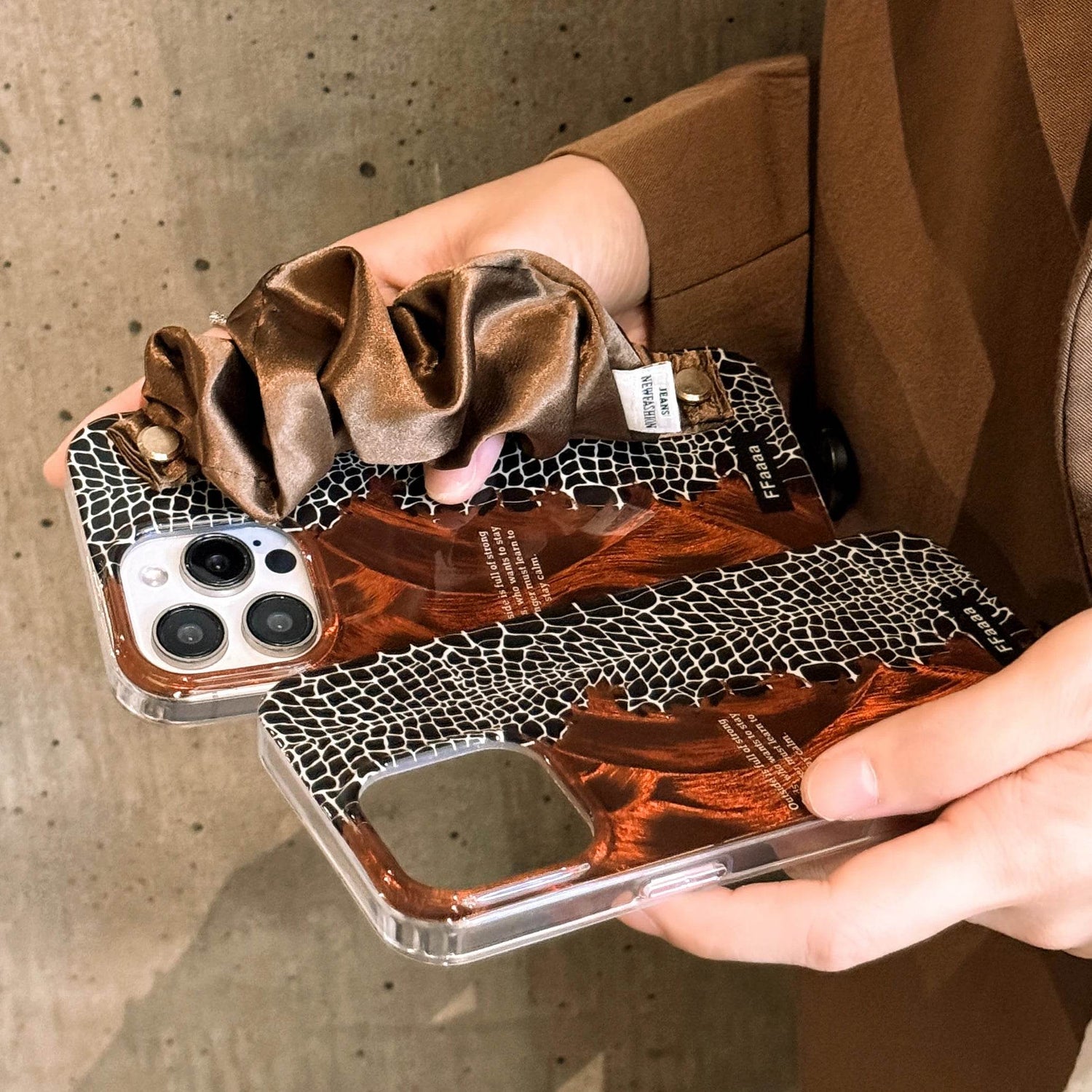 Cute Phone Cases for iPhone 16, 15, 14, 13 Pro Max - Feather Texture &amp; Alligator Skin Splicing Silk Wrist Band - Chic Cover - PC3130 - Touchy Style