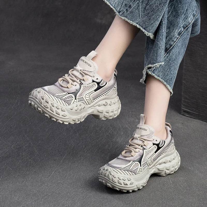 Genuine Leather Shoes Women Sneakers Lace-up Retro Mixed Colors New Spring Handmade Concise Platform Sneakers - Touchy Style