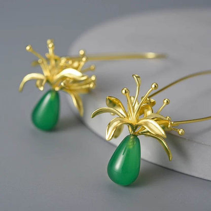 Lotus Fun Natural Gemstone Long Unusual Red Spider Lily Flower Dangle Earrings for Women 925 Sterling Silver Luxury Fine Jewelry - Touchy Style