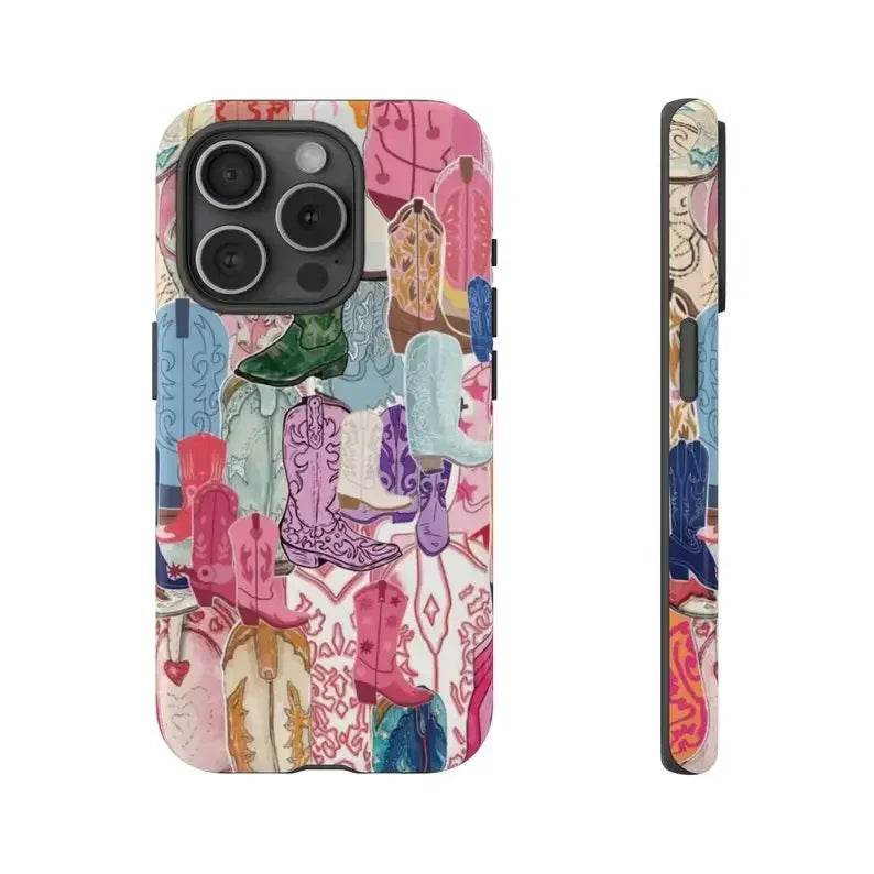 Cute Phone Cases For iPhone 16ProMax, 15, 14, 13, 12, 11 PRO, 11 Plus - Western Cowgirl Boots Collage - Acrylic TPU Cover - IC5290 - Touchy Style