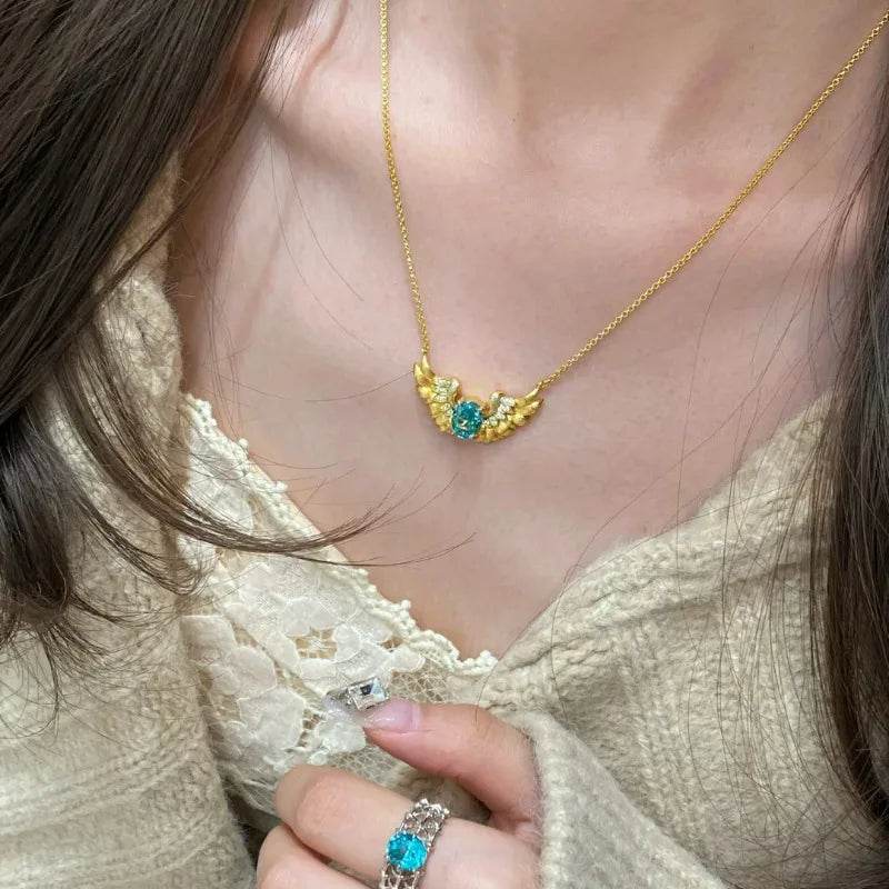 PANJBJ 925 Sterling Silver Blue Zircon Necklace for Women Girl Wing Design Feather Sweet Banquet Jewelry Gift Dropshipping - Touchy Style