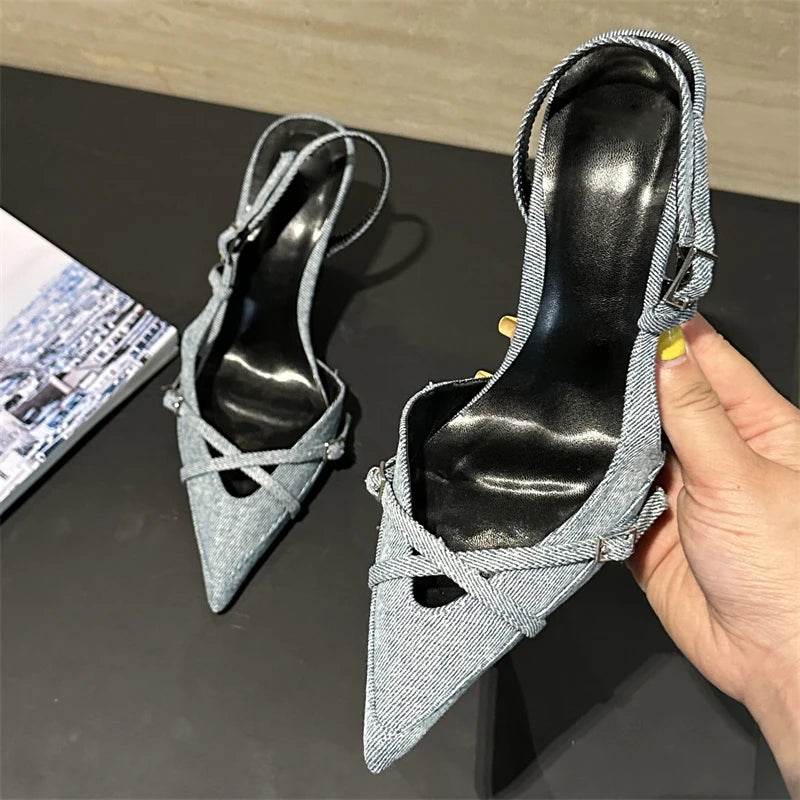 Designer Narrow Band Buckle Strap Pumps Women Pointed Toe Slingback Mules Shoes Thin High Fashion Zapatos Mujer - Touchy Style