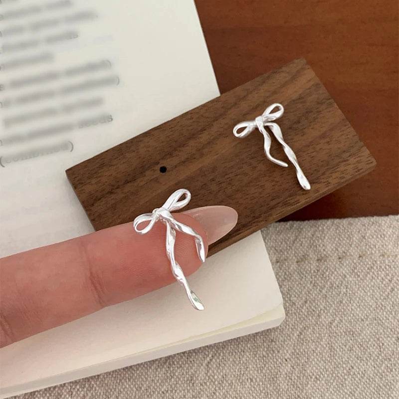Stud Earrings Charm Jewelry - Silver Color Bowknot Sweet Design - B7510 - Touchy Style
