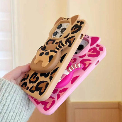Cute Phone Cases - 3D Heart Leopard and Printed Cat Bracket - Cat Ears Kitten Camera Protection Cover - IC5021 - Touchy Style