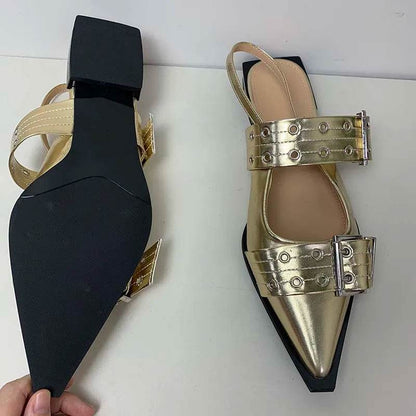 Women Gladiator Sandals Low Heels Shoes Gold Mules Designer Fashion Ladies Shoes For Slides Pointed Toe Casual Female Slippers - Touchy Style