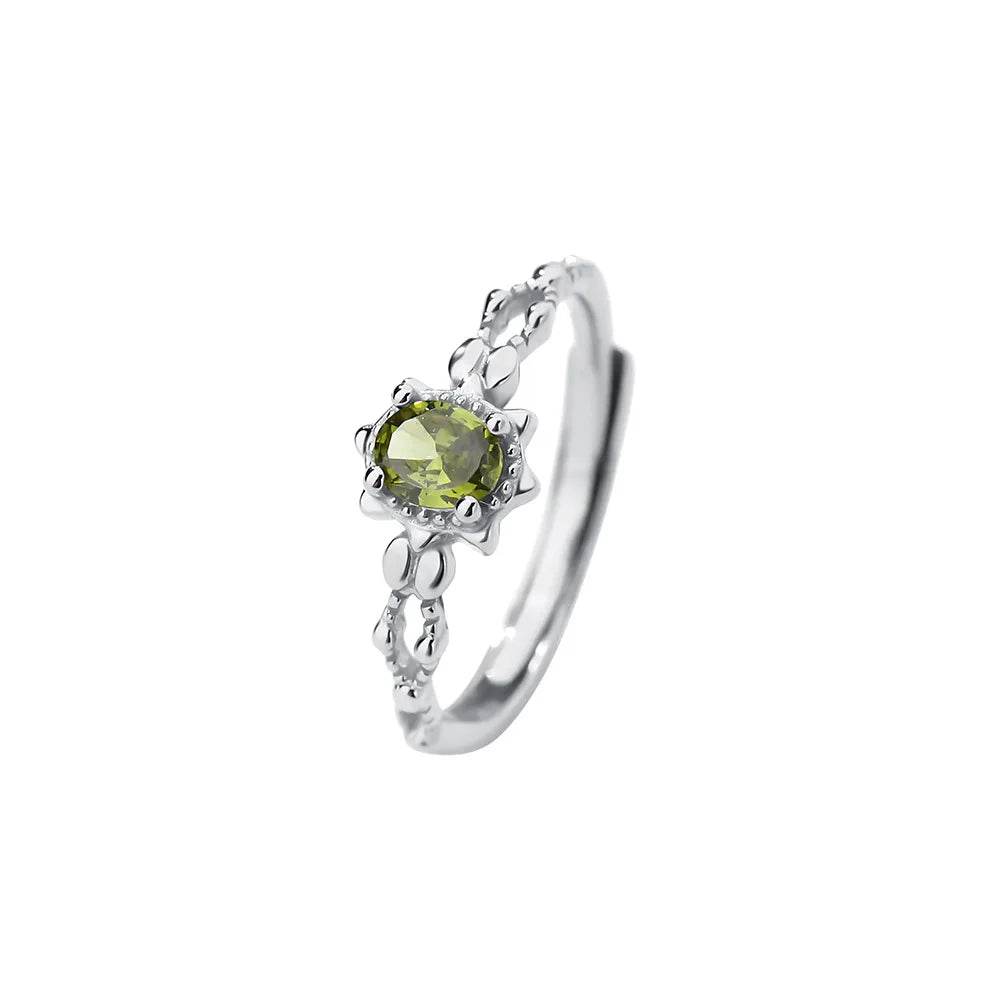 Real 925 Sterling Silver Olive Green Zircon Open Ring Cute Gift for Lady Mom Daughter Birthday Jewelry - Touchy Style
