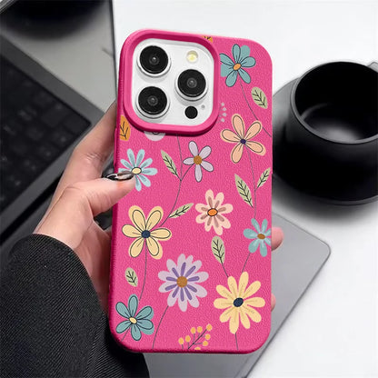 Luxury Leather Texture TPU Case For iPhone 16 15 14 13 12 Pro Max 13 15 Pro 11 Cartoon Flowers Pattern Soft Silicone Phone Cover - Cute Phone Cases