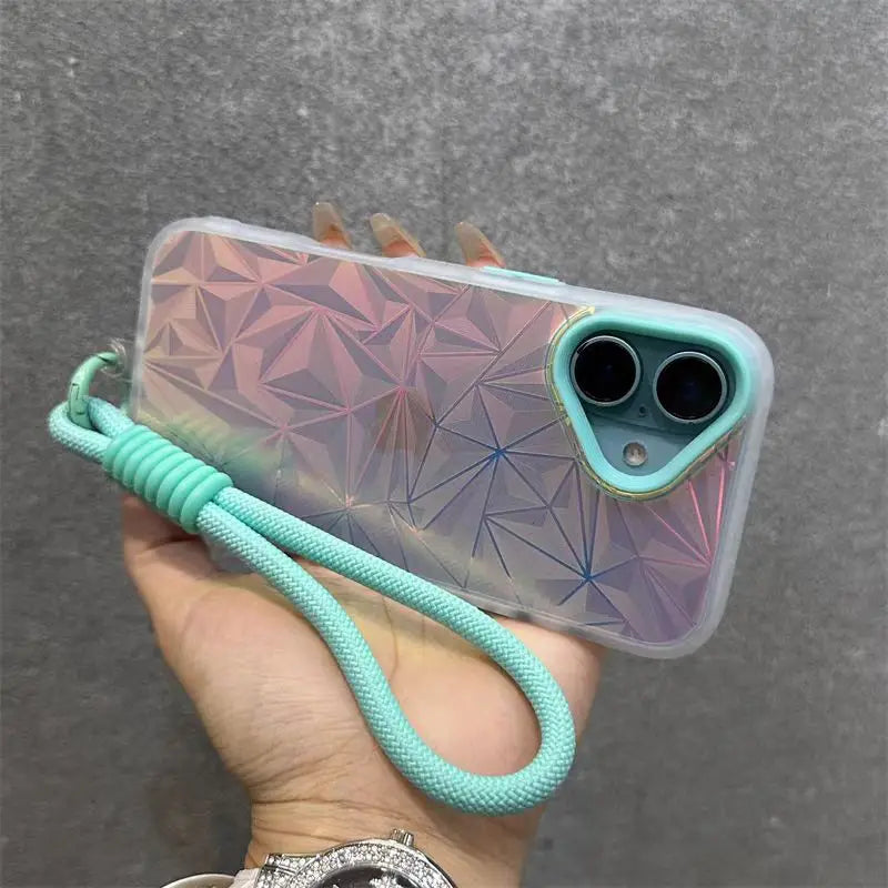 Wrist Strap Laser Diamond Pattern Case For iPhone 16 15 14 13 12 11 Pro Max Plus Dopamine Short Lanyard Shockproof Glitter Cover