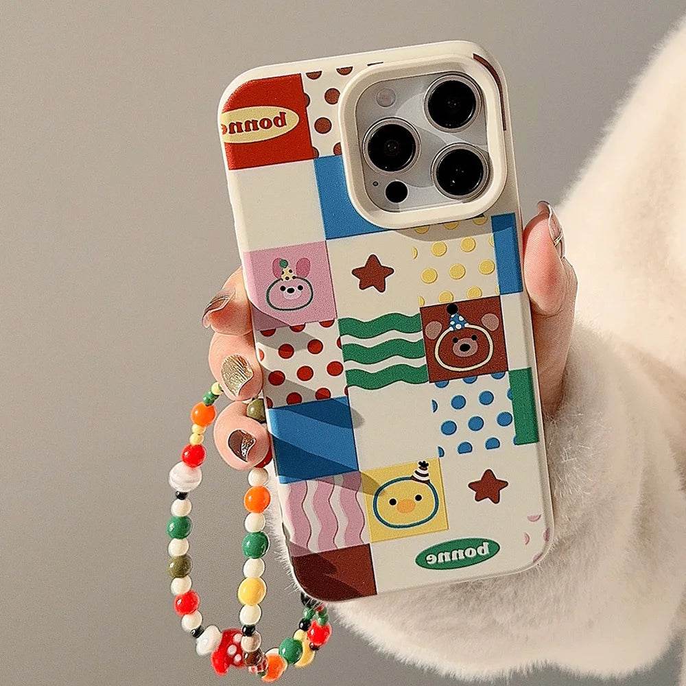 Cute Phone Cases For iPhone 16, 15, 14, 13, 12, 11 Pro Max, 16 Plus - Chocolate Bear, Pink Bunny Stripes, Dots Art - IC1440 - Touchy Style