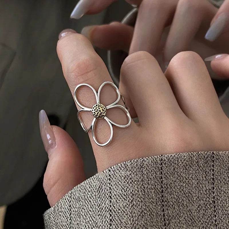 PANJBJ 925 Sterling Silve Flower Ring for Women Gift Hollow Out Design Retro Hip Hop Versatile Jewelry Party Gift Dropshipping - Touchy Style