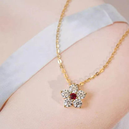 925 Sterling Silver Retro High Quality Flowers Pendant Necklace Red CZ For Women Birthday Gift Fine Jewelry - Touchy Style