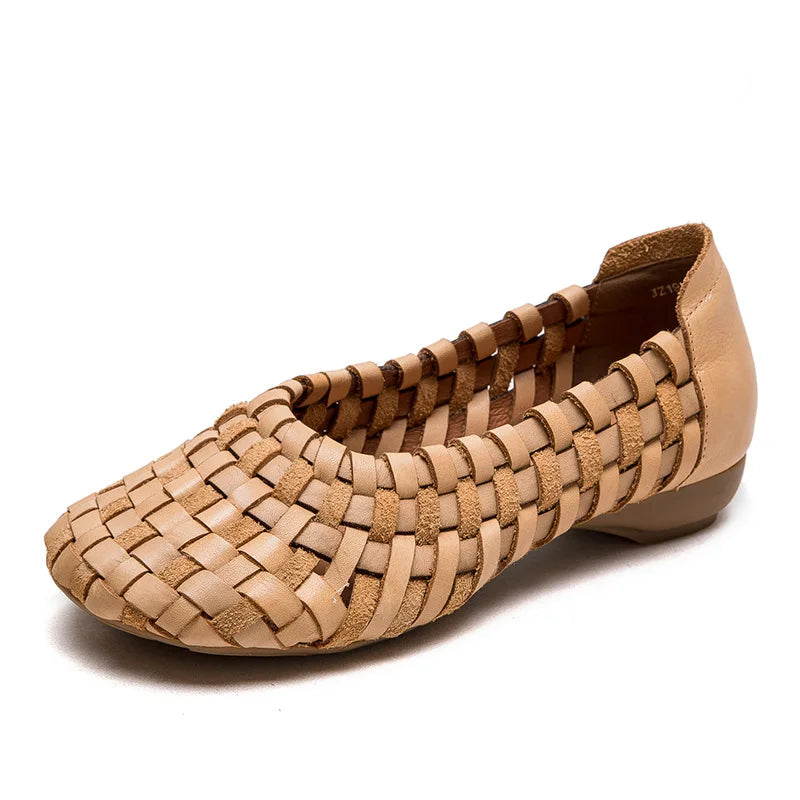 Autumn New Vintage Versatile Genuine Leather Woven Flat Shoes Handmade Round Toe Handmade Soft Sole Slip-on Shoes