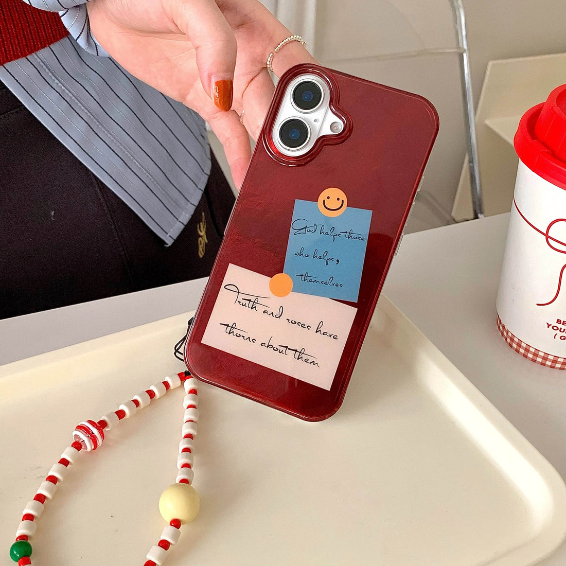 Cute Phone Cases For iPhone 16, 15, 14, 13 Pro Max - Double Layer Sticker Label Cover - Beads Wrist Chain - PC1450 - Touchy Style