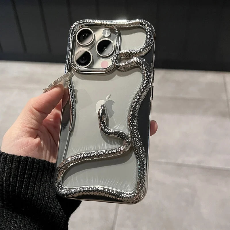 Luxury Plating 3D Snake Hollow Plain Phone Case For iPhone 16 15 14 13 12 11 Pro Max INS Fashion Creativity Shockproof Cover