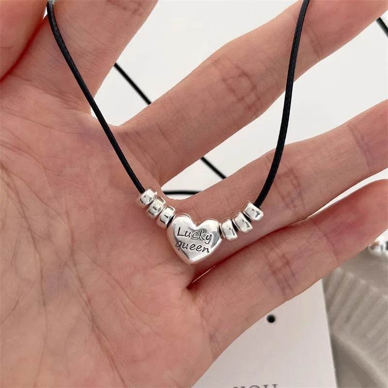 PANJBJ 925 Sterling Silver Love Heart Necklace for Women Girl Letter Bead Oil Wax Rope Trend Punk Adjustable Gift Dropshipping - Touchy Style