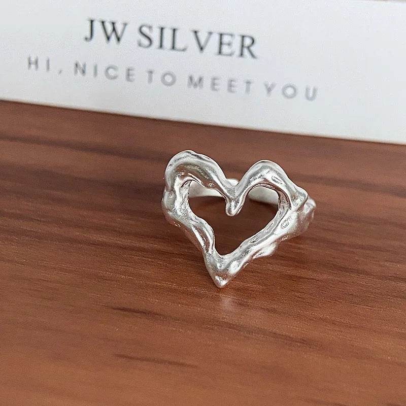 PANJBJ 925 Sterling Silver Love Herat Rings For Women Liquid Lava Hollow Out Design Fashion Versatile Jewelry Gift Dropshipping - Touchy Style