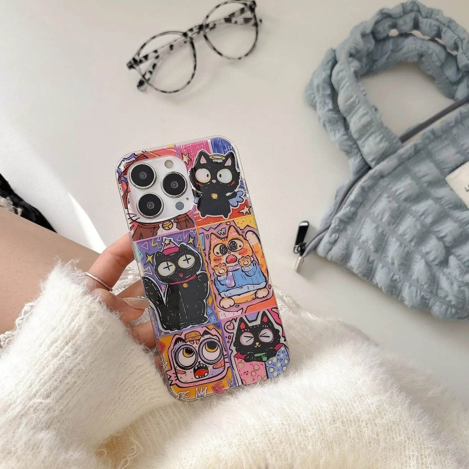 Luna black cat Anime Cartoon Graffiti kitten Funny Phone case For iPhone 16 15 14 13 12 Pro Max Case Cute Luxury Cartoon Cover - Touchy Style