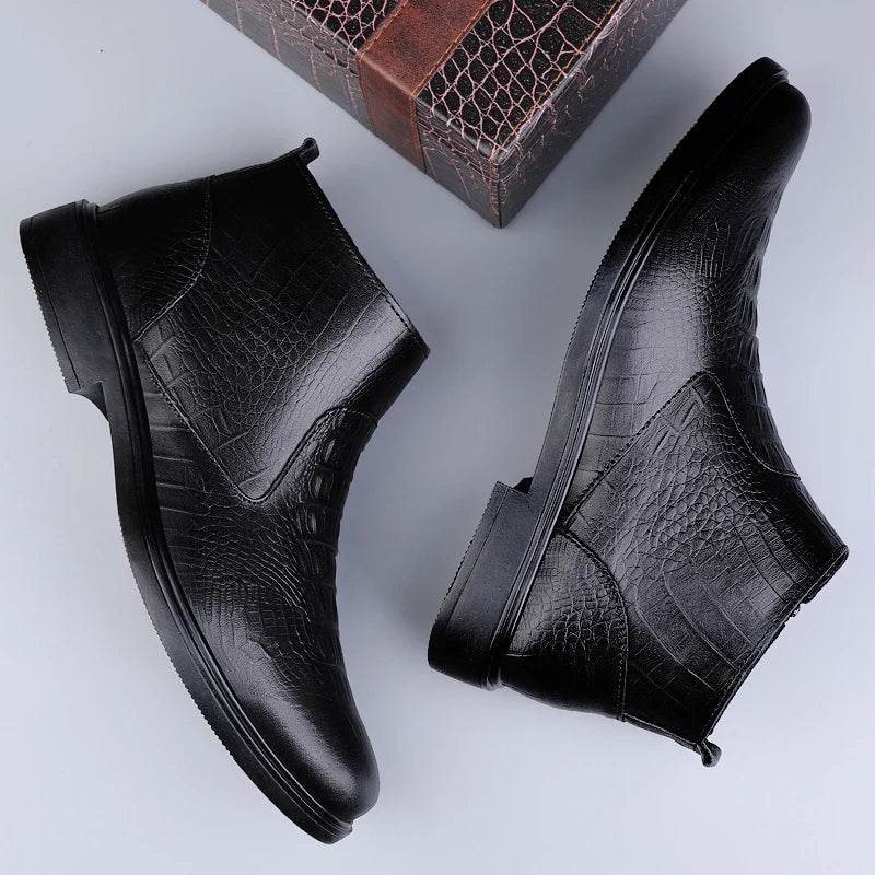 Genuine Leather Men Ankle Boots Casual Shoes Western Cowboy Boots Black Lace Up Wedding Office Dress Boots Men Business Shoes - Touchy Style
