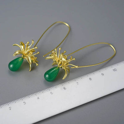 Lotus Fun Natural Gemstone Long Unusual Red Spider Lily Flower Dangle Earrings for Women 925 Sterling Silver Luxury Fine Jewelry - Touchy Style