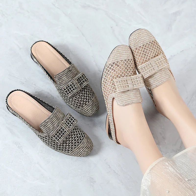 Summer Mesh Crystal Slippers Women Breathable Outer Wear Flat Sandals Closed Toe Soft Bottom Large Size Women Slide