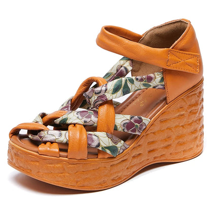 Retro Sandals Summer New Hook &amp; Loop Bohemian Genuine Leather Comfortable Thick Bottom Women&