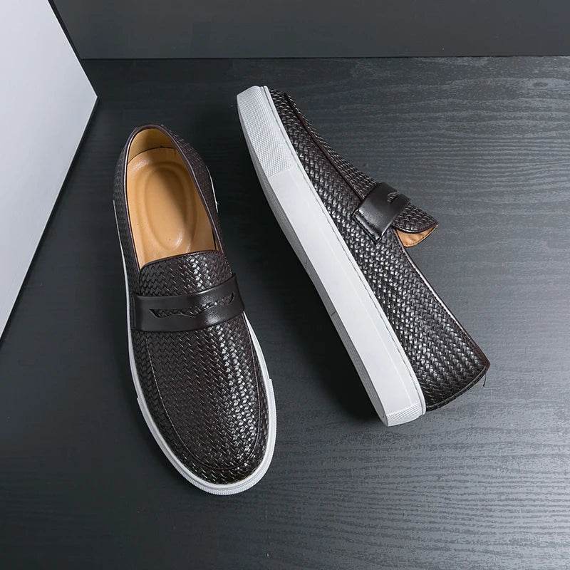 Fashion Slip On Loafers Men Shoes Board Soft Casual Leather Shoes Men Breathable Party Weave Pattern Shoes For Man Flat Free - Touchy Style