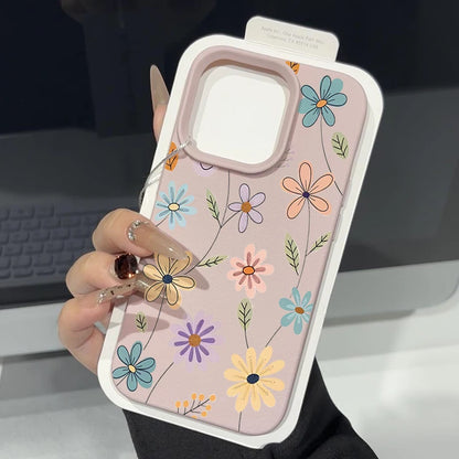 Luxury Leather Texture TPU Case For iPhone 16 15 14 13 12 Pro Max 13 15 Pro 11 Cartoon Flowers Pattern Soft Silicone Phone Cover - Cute Phone Cases