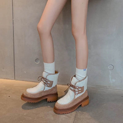 JOZHAMTA Size 34-40 Women Mid-Calf Boots Fashion Warm Plush British Booties High Snow Boots Female Thick Wool Soles Heels Boots - Touchy Style