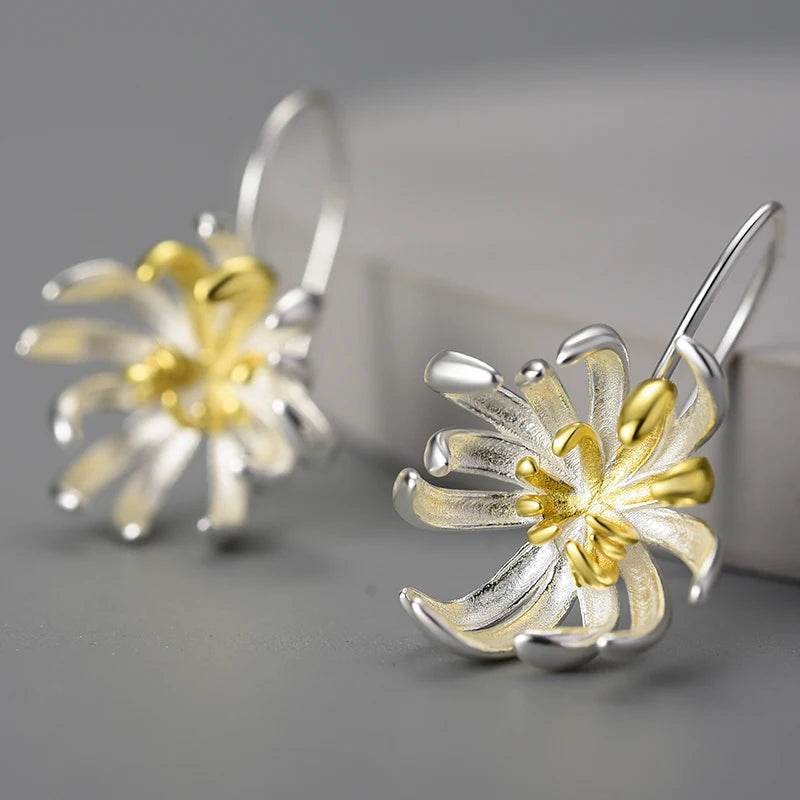 Lotus Fun Original 18K Gold Elegant Chrysanthemum Flower Dangle Earrings for Women Real 925 Sterling Silver Party Fine Jewelry - Touchy Style