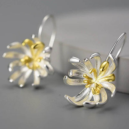 Lotus Fun Original 18K Gold Elegant Chrysanthemum Flower Dangle Earrings for Women Real 925 Sterling Silver Party Fine Jewelry - Touchy Style