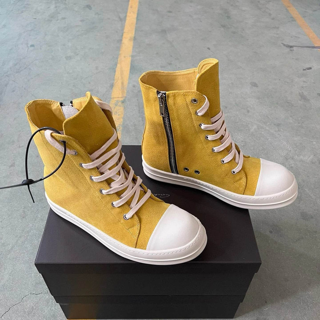 Brand Men Shoe Casual High Top Women Sneaker Yellow Ankle Boot Fashion Zip Thick-sole Ricks Summer Owens Cowhide Flat Shoe - Touchy Style
