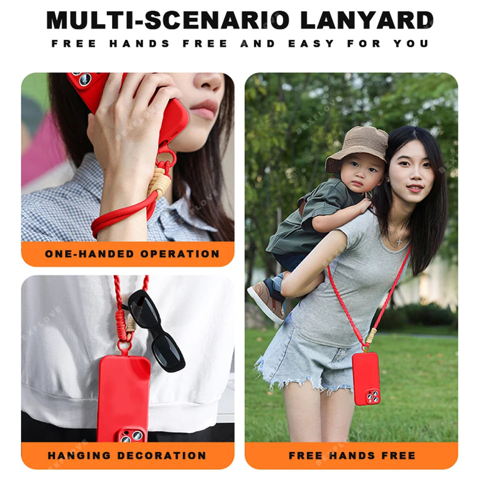 Lanyard Liquid Silicone Phone Case For iPhone 16 14 15 Plus 12 13 Mini 11 16 Pro X XR XS Max 16E SE Strap Protector Soft Cover