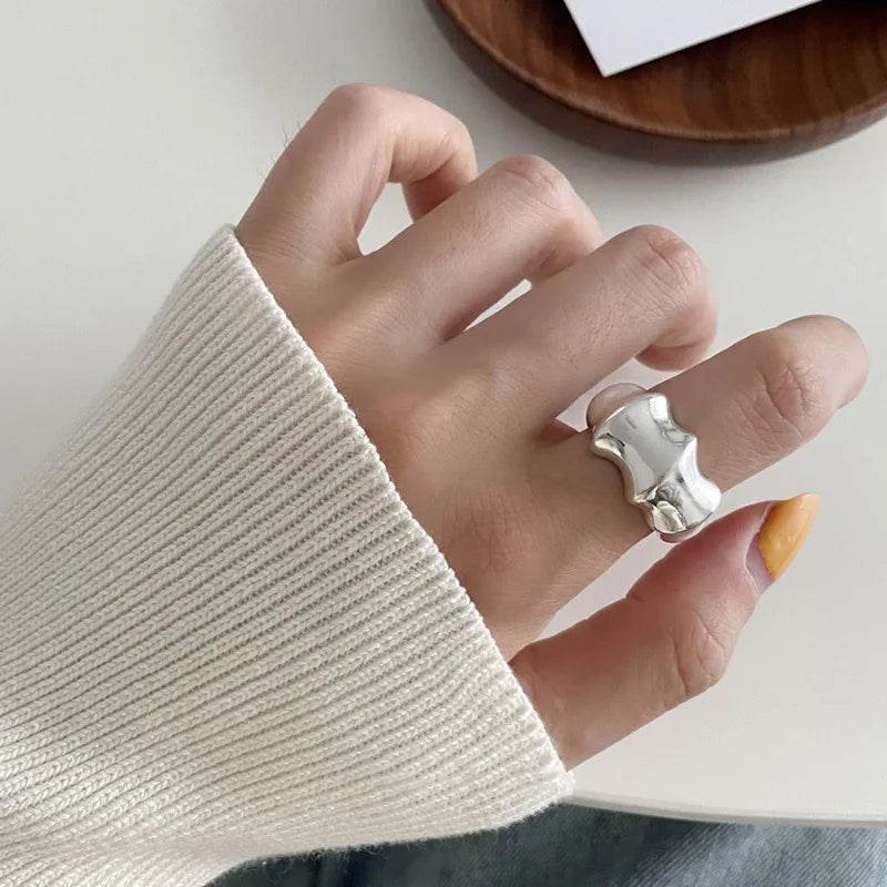 PANJBJ 925 Sterling Silver Black Agate Rings For Women Wide Irregular Geometry Versatile Texture Jewelry Party Gift Dropshipping - Touchy Style