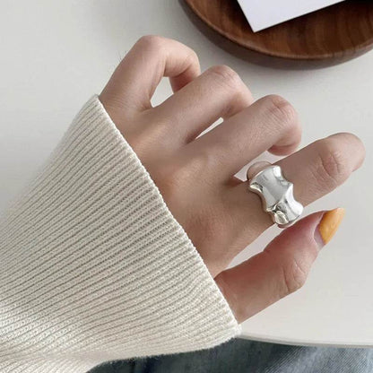 PANJBJ 925 Sterling Silver Black Agate Rings For Women Wide Irregular Geometry Versatile Texture Jewelry Party Gift Dropshipping - Touchy Style