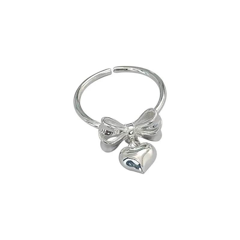 PANJBJ 925 Sterling Silver Bowknot Ring for Women Love Heart Minimalism Sweet Romantic Adjustable Jewelry Gift Dropshipping - Touchy Style
