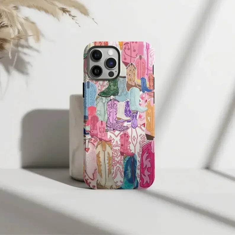 Cute Phone Cases For iPhone 16ProMax, 15, 14, 13, 12, 11 PRO, 11 Plus - Western Cowgirl Boots Collage - Acrylic TPU Cover - IC5290 - Touchy Style