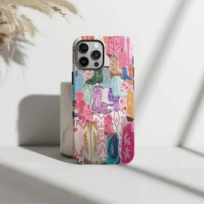 Cute Phone Cases For iPhone 16ProMax, 15, 14, 13, 12, 11 PRO, 11 Plus - Western Cowgirl Boots Collage - Acrylic TPU Cover - IC5290 - Touchy Style
