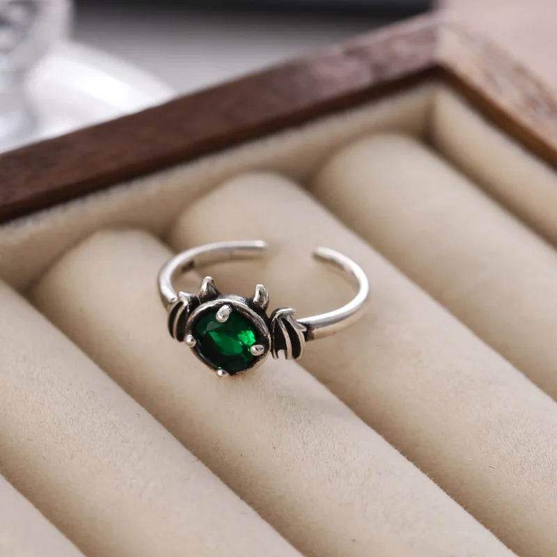 PANJBJ 925 Sterling Silver Green Zircon Rings For Women Wing Devil Design Hip Hop Trend Adjustable Jewelry Gift Dropshipping - Touchy Style