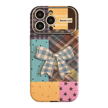 Cute Phone Cases iPhone 16, 15, 14, 13 Pro Max - Leather Texture Splicing Checker Bowknot Sticker Cover - PC3550 - Touchy Style