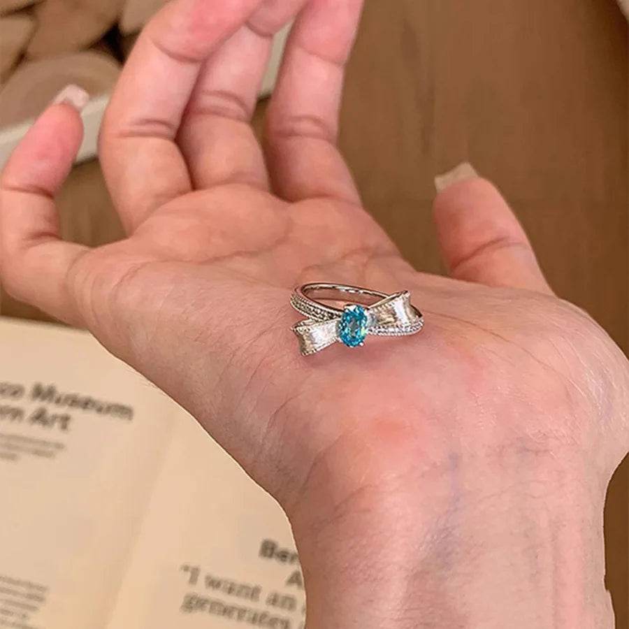 PANJBJ 925 Sterling Silver Blue Zircon Bowknot Rings For Women Frosting Zircon Versatile Sweet Romantic Jewelry Gift Dropship - Touchy Style