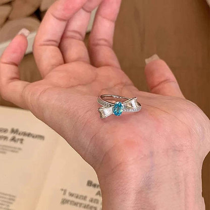 PANJBJ 925 Sterling Silver Blue Zircon Bowknot Rings For Women Frosting Zircon Versatile Sweet Romantic Jewelry Gift Dropship - Touchy Style