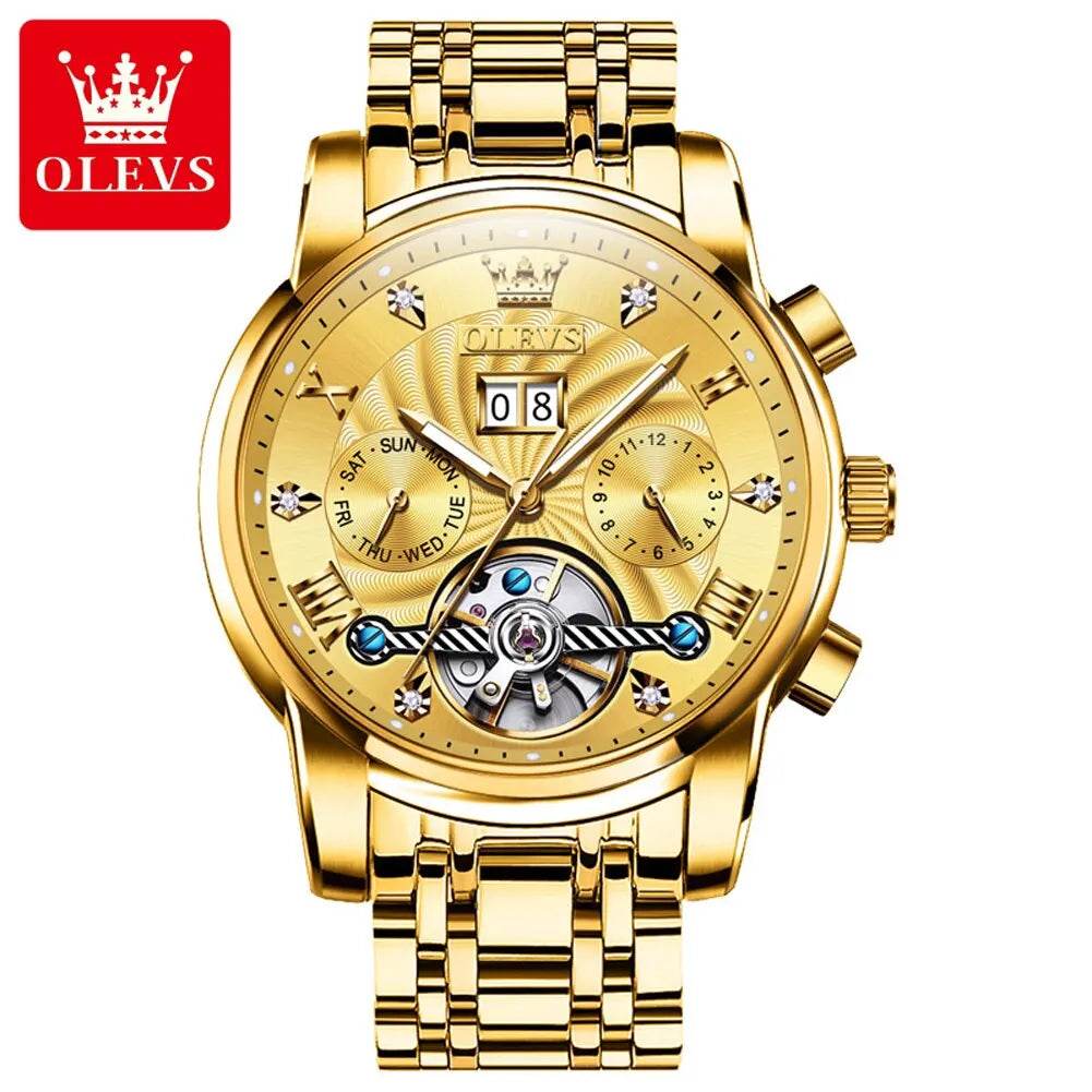 OLEVS Mens Watch Automatic Mechanical Tourbillon Slef-Wind Luxury Stainless Steel Strap Waterproof Luminous Date Wrist Watch - Touchy Style