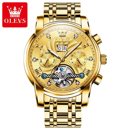 OLEVS Mens Watch Automatic Mechanical Tourbillon Slef-Wind Luxury Stainless Steel Strap Waterproof Luminous Date Wrist Watch - Touchy Style