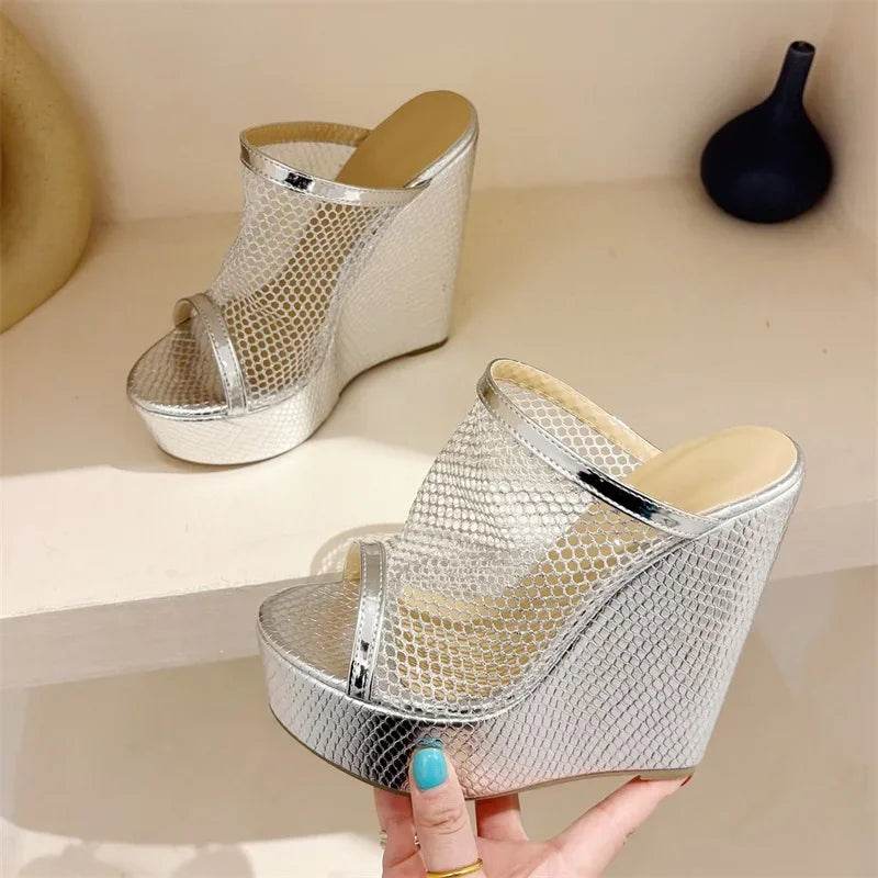 Eilyken Street Style Gold Silver Fashion Open Toe Platform Wedges Women Slippers Design Mesh Fabric Banquet High Heels Shoes - Touchy Style