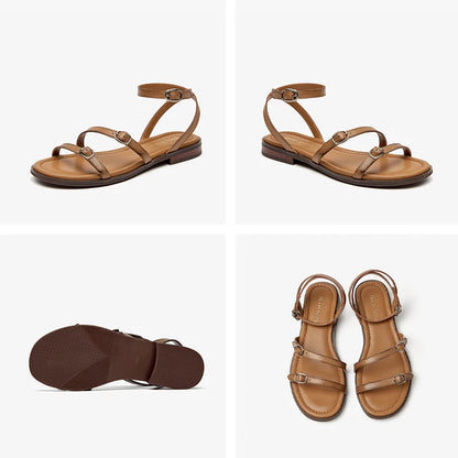 BEAUTODAY Fashion Sandals Women Cow Leather Buckle Strap Open Toe Solid Color Casual Ladies Flat Shoes Handmade 32403