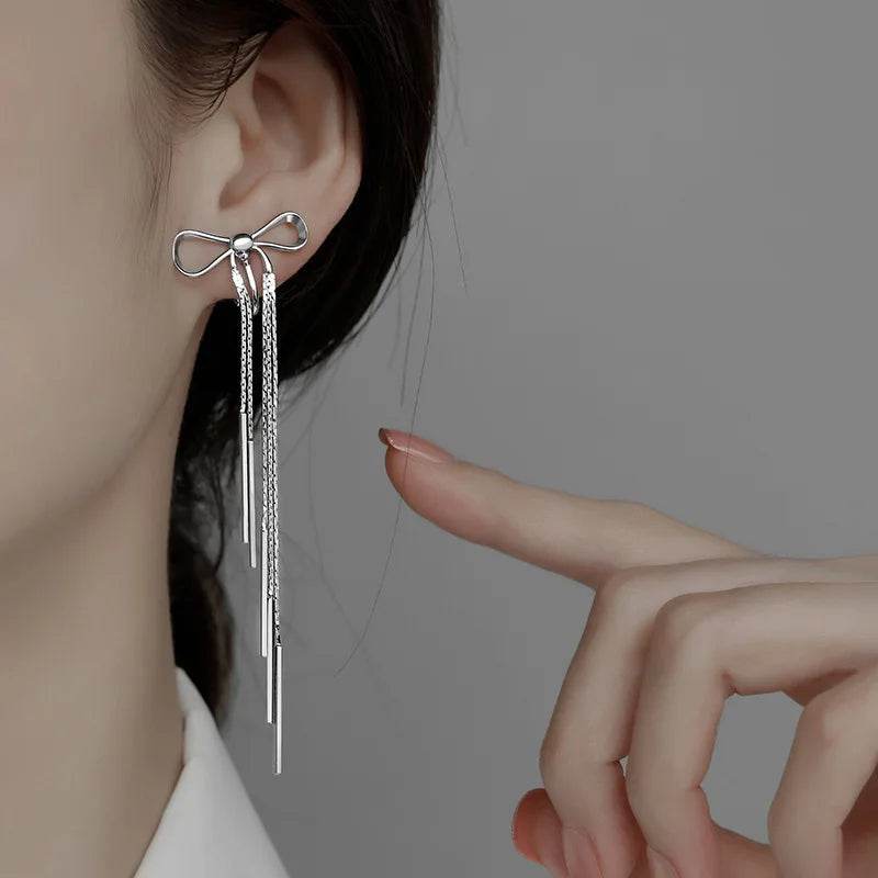 PANJBJ 925 Sterling Silver Bowknot Clip Earring for Women Hollow Out Tassels Ins Versatile Geometry Jewelry Gift Dropshipping - Touchy Style