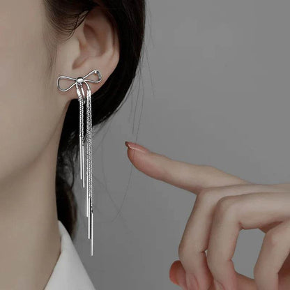 PANJBJ 925 Sterling Silver Bowknot Clip Earring for Women Hollow Out Tassels Ins Versatile Geometry Jewelry Gift Dropshipping - Touchy Style