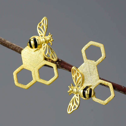 Lotus Fun 18K Gold Unusual Asymmetrical New Honeycomb and Bee Stud Earrings for Women Original Real 925 Sterling Silver Jewelry - Touchy Style