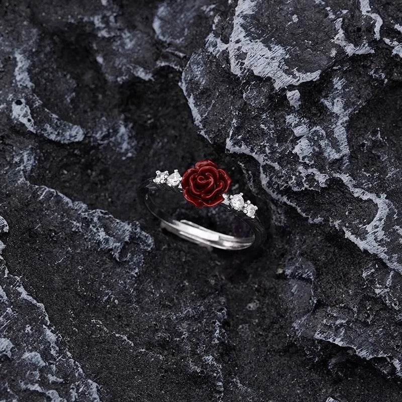 PANJBJ 925 Sterling Silver Rose Zircon Rings For Women Flower Drip Glaze Retro Design Romantic Jewelry Gift Dropshipping - Touchy Style